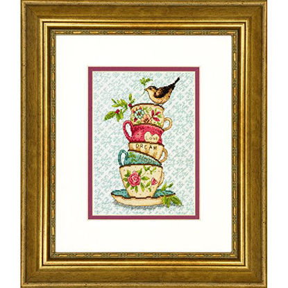 Picture of Dimensions 70-65171 Gold Collection Stacked Tea Cups Advanced Counted Cross Stitch Kit, 18 Count White Aida, 7" x 5"