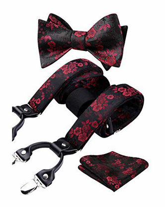 Picture of Mens Red Paisley Floral Suspenders Strong 6 Clips Y-Back Adjustable Trouser Braces Self BowTie Set for Party Work
