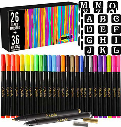 Picture of 26 Fabric Markers Pen Set with Gold and Silver and 36 Stencils Permanent Ink Colors Art Marker for Fabric Painting Writing on Cloth Laundry Clothes Canvas Bags Shirts Shoes Kids-Safe Paint