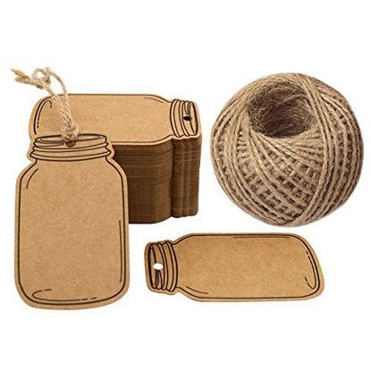 Picture of Mason Jar Shaped Tags,100PCS Mini Kraft Paper Gift Tags,Craft Card Tag,Gift Wrap Tags,Creative Blank Craft Paper Label DIY Hang Tags with 100 Feet Twine (7.5x4.5cm Brown)