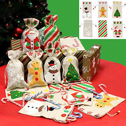Picture of JOYIN 12 Pack of Christmas Canvas Gift Drawstring Bags Assortment for Christmas Party Favors, Treats, Santa Sack Sticking Bags, Christmas Draw String Goodie Bags, Party Favors