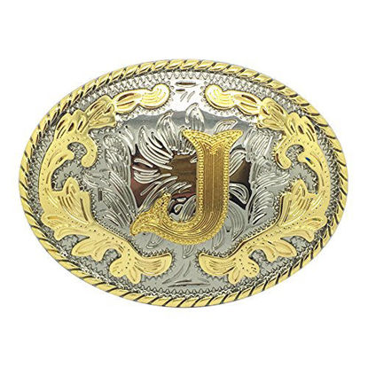 Picture of Western Belt Buckle Initial Letters ABCDEFG to Y-Cowboy Rodeo Gold Large Belt Buckle for Men and Women (J)