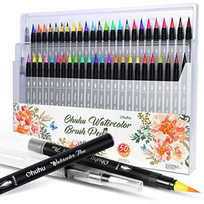 Picture of Watercolor Brush Markers Pen, Ohuhu 48 Colors Water Based Drawing Marker Brushes W/A Water Coloring Brush, Water Soluble for Adult Coloring Books Calligraphy Valentine's Day Gifts