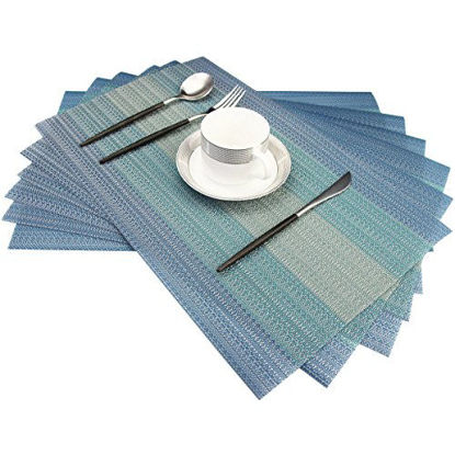 Picture of Bright Dream Placemats Washable Easy to Clean PVC Placemat for Kitchen Table Heat-resistand Woven Vinyl Hard Table Mats 12x18 inches Set of 6 Blue