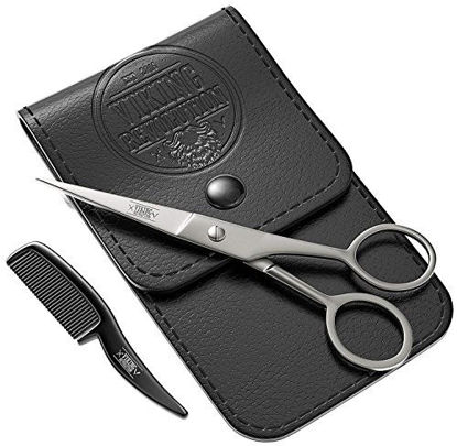 Picture of Beard and Mustache Scissors w/Comb and Synthetic Leather Case Professional Sharp Surgical Grade Steel for Trimming, Grooming, Cutting Mustache, Beards & Eyebrows Hair