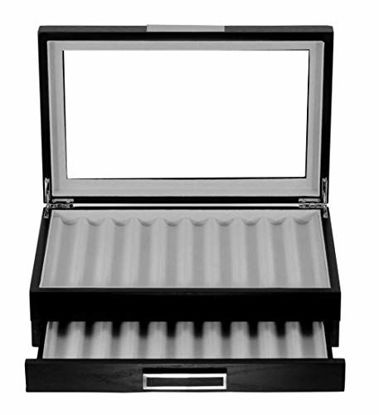 Picture of 20 Piece Black Ebony Wood Pen Display Case Storage and Fountain Pen Collector Organizer Box with Glass Window Two Level Display Case with Drawer