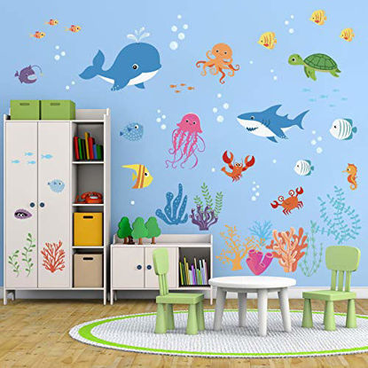 Picture of decalmile Under The Sea Dolphin Fish Wall Decals Vinyl Peel and Stick Kids Room Wall Stickers Baby Nursery Childrens Bedroom Bathroom Wall Decor