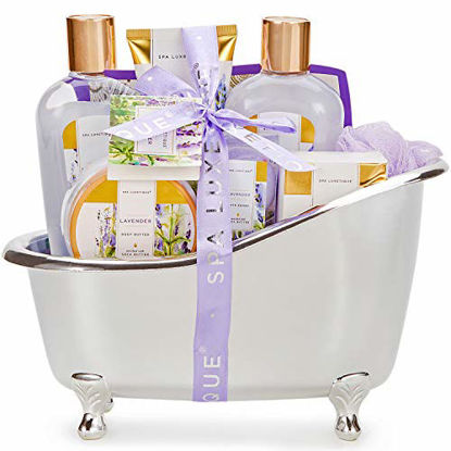 Picture of Spa Luxetique Gift Baskets for Women, Lavender Bath Set, Gift Set for Women, Luxury 8 Pcs Home Gift Baskets Includes Body Lotion, Bath Bombs, Bubble Bath, Best Gifts for Women Birthday, Holiday.
