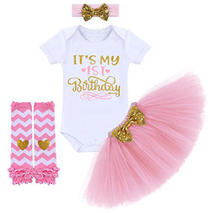 Picture of Its My 1st Birthday Outfit Baby Girl Romper Tutu Skirt Glitter Sequin Bowknot Headband Leg Warmers Clothes 4pcs Set Cake Smash Photography Props Pink 1st Birthday 1 Year Old
