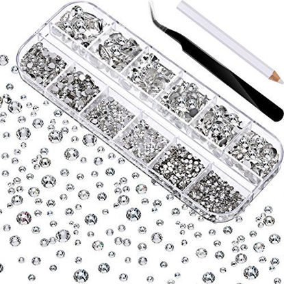 Picture of TecUnite 2000 Pieces Flat Back Gems Round Crystal Rhinestones 6 Sizes (1.5-6 mm) with Pick Up Tweezer and Rhinestones Picking Pen for Crafts Nail Face Art Clothes Shoes Bags DIY (Clear)