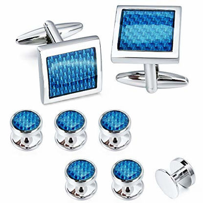 Picture of HAWSON Carbon Fiber Cuff Links and Tuxedo Shirt Studs Set in Presentation Box for Mens Formal Shirt