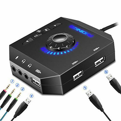 Picture of PHOINIKAS External Sound Card, USB Audio Adapter with 3.5mm Headphone and Microphone Jack, Volume Control, Stereo Sound Card Plug Play, for Windows, Mac, Linux, PC, Laptops, Desktops (6-in-1, Black)