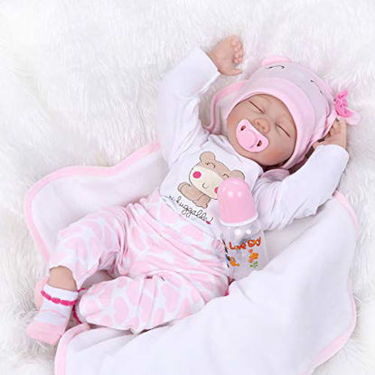 Picture of Lifelike Reborn Baby Doll Girl 22" Realistic Soft Vinyl Silicone Handmade Weighted Pink Outfit Eyes Closed Sleeping