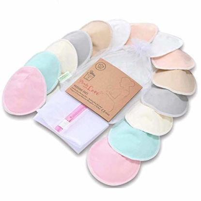 Picture of Organic Bamboo Nursing Breast Pads - 14 Washable Pads + Wash Bag - Breastfeeding Nipple Pad for Maternity - Reusable Nipplecovers for Breast Feeding (Pastel Touch, Large 4.8")