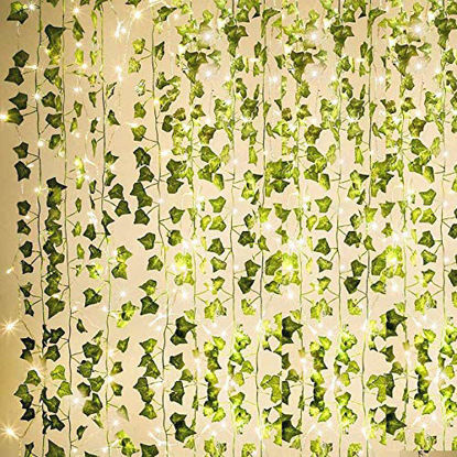 Picture of KASZOO 84Ft 12 Pack Artificial Ivy Garland Fake Plants, Vine Hanging Garland with 80 LED String Light, Hanging for Home Kitchen Garden Office Wedding Wall Decor, Green