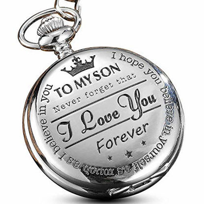 Picture of Silver Pocket Watches to My Son Forever from a Mom Dad Engraved Quartz Fob Watches for Kids