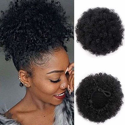Picture of Afro Puff Drawstring Ponytail Synthetic Short Afro Kinkys Curly Afro Bun Extension Hairpieces Updo Hair Extensions with Two Clips (Black-1#)