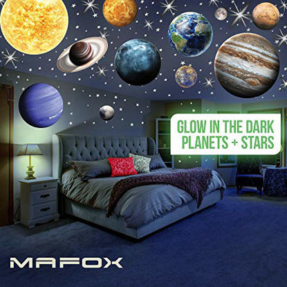 Picture of MAFOX Glow in The Dark Planets, Bright Solar System Wall Stickers -Sun Earth Mars and so on,9 Glowing Ceiling Decals for Bedroom Living Room,Shining Space Decoration for Kids for Girls and Boys