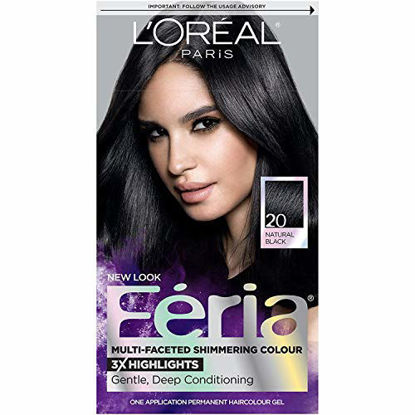 Picture of L'Oreal Paris Feria Multi-Faceted Shimmering Permanent Hair Color, 20 Black Leather (Natural Black), Pack of 1, Hair Dye