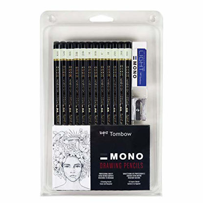 Picture of Tombow 51523 MONO Drawing Pencil Set, Assorted Degrees, 12-Pack. Professional Quality Graphite Pencil Set with Eraser and Sharpener