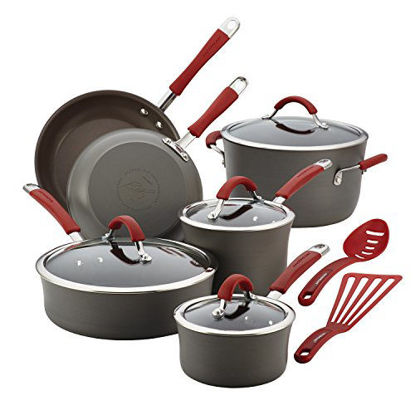Picture of Rachael Ray Cucina Hard Anodized Nonstick Cookware Pots and Pans Set, 12 Piece, Gray with Red Handles