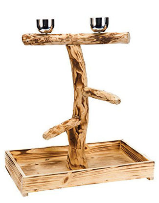 Picture of Penn-Plax Wood Bird Perch with 2 Stainless Steel Feeding Cups and Drop Tray for Large Birds - 19 Inch Height
