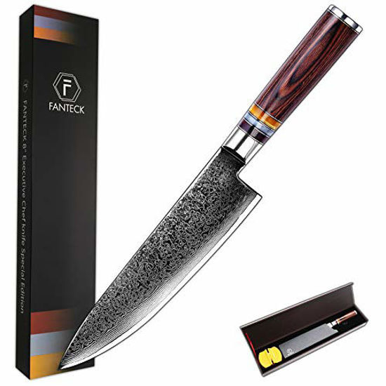 Picture of [8 Inch]Chef Knife,FANTECK Kitchen Knife VG10 Damascus Professional Sharp High Carbon Stainless Steel 67-Layer Meat Sushi Fruit Cutting Gyuto Chef Knife[Gift Box]Ergonomic Pakkawood Handle-Acrylic Rim