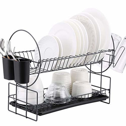 Picture of 2 Tier Dish Rack, Kitchen Dish Drying Rack with Drainboard/Cutlery Cup (Dark Gray)