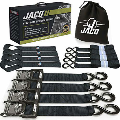 Picture of JACO Ratchet Tie Down Straps - 1.6" x 8 ft | Heavy Duty Tie Down Kit with Soft Loops (Black)