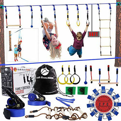 Picture of Gentle Booms Sports Ninja Warrior Line Obstacle Course Kit Monkey Bar Kit 56 Foot, Kids Slackline Hanging Obstacle Course Set, Extreme Training Equipment for Outdoor Play, Family Play Together