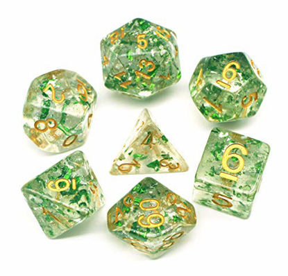 Picture of HD Dice DND Polyhedral Dice Set RPG Dice for Dungeons and Dragons Pathfinder Role Playing Games Table Games Transparent Dice with Glitter & Silver Green Petal Dice