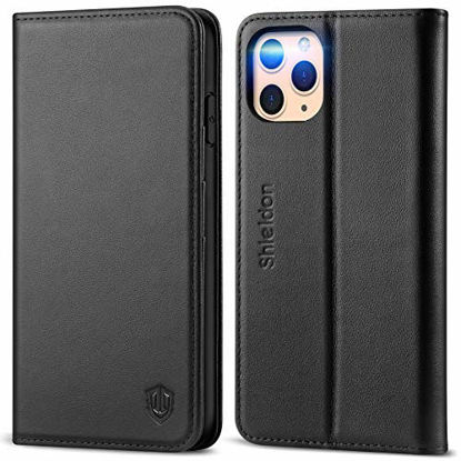 Picture of SHIELDON iPhone 11 Pro Max Case, Genuine Leather Auto Sleep Wake Wallet Case Flip Magnetic Cover RFID Blocking Card Slots Kickstand Shockproof Case Compatible with iPhone 11 Pro Max (6.5-inch) - Black