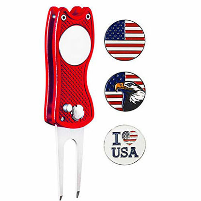 Picture of FINGER TEN Golf Divot Repair Tool and 3 US Ball Markers Switchblade Gift Pack, Foldable Magnetic Stainless Steel with Pop-up Button for Men Women (Red Divot Tool+3 Ball Markers)