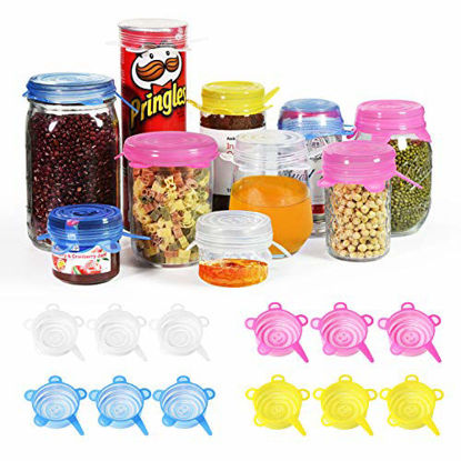 Picture of longzon Silicone Stretch Lids 12pcs 2.6'' Small Lids (Stretch to 3.5''), Reusable Food Storage Covers for Cups Bowls Jars Fruits, Canned Cat Dog Food Mason Jar Lids (Include Extra 6pcs Wine Lids)