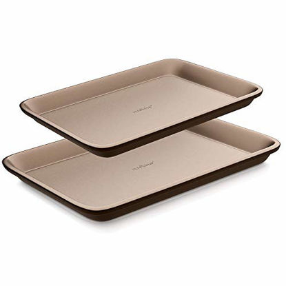 Picture of NutriChef Nonstick Cookie Sheet Baking Pan | 2pc Large and Medium Metal Oven Baking Tray - Professional Quality Kitchen Cooking Non-Stick Bake Trays w/Rimmed Borders, Guaranteed NOT to Wrap