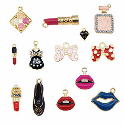 Picture of 36pcs Mixed Enamel Rhinestone Women Makeup Charms with Lipstick Perfume Dress,Purse Shoes