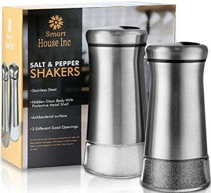 Picture of Salt and Pepper Shakers - Spice Dispenser with Adjustable Pour Holes - Stainless Steel & Glass -Set of 2 Bottles By Smart House Inc