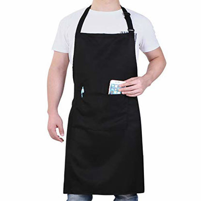 Picture of Will Well Adjustable Bib Aprons, Water Oil Stain Resistant Black Chef Cooking Kitchen Aprons with Pockets for Men Women (1 Pack)