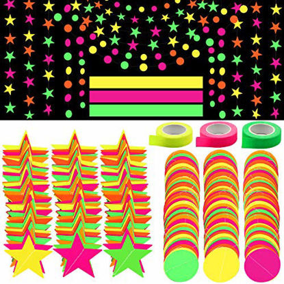 Picture of Glow Party Supplies, ZALALOVA 135.6ft Neon Party Supplies Neon Streamers Paper Garland Hanging Decor UV Black Light Reactive Party Supplies Neon Stars Round Banner for Birthday Wedding Party