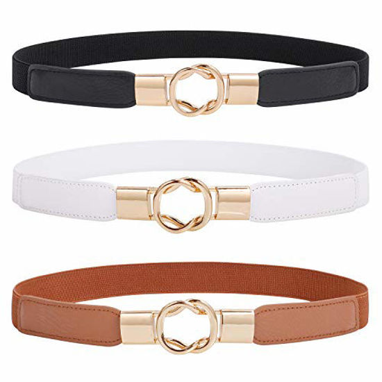 Picture of Fashion Skinny Dress Belt for Women for Jeans,Elastic Thin Waist Belt Stretch for Dress,Gold Buckle Retro Stretch Ladies Thin Waist Belt,Waistband Skinny Belt,Black+White+Brown,3 Pack,Suit 34-43