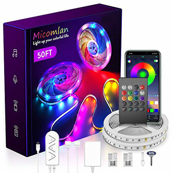 Picture of Micomlan 50ft/15M Led Strip Lights,Music Sync Color Changing RGB LED Strip Lights Built-in Mic, Bluetooth app Controlled LED Lights Rope Lights, 5050 RGB LED Light Strip(APP+Remote+Mic+3 Button )