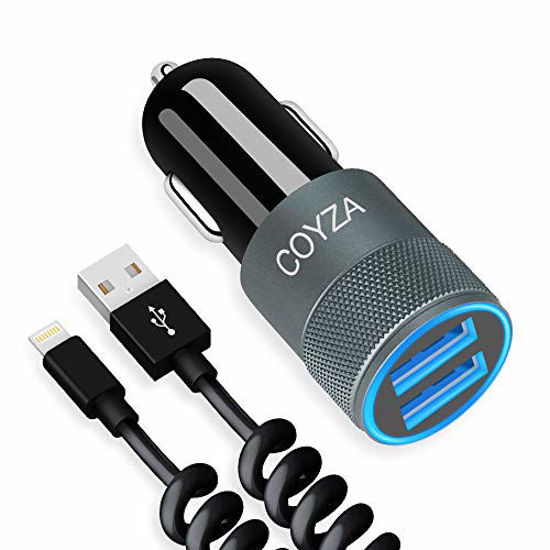 Picture of COYZA Fast Car Charger Adapter, Compatible with iPhone 12/11/Pro Max/Pro/Mini/X/XS/XS MAX/XR/SE 2020/8 Plus/8/7 Plus/7/6s/6/iPad Air 3/Mini, 3.1A Dual USB Ports with Coiled Charging Cable Cord
