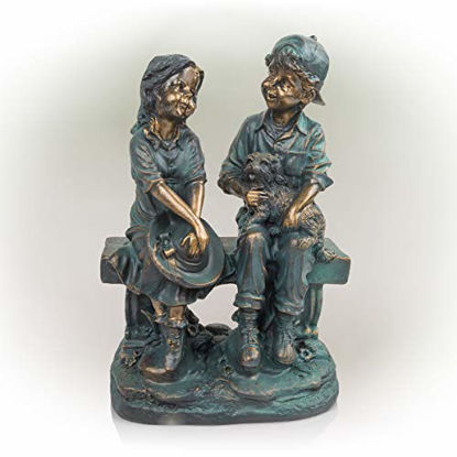 Picture of Alpine Corporation 16" Tall Indoor/Outdoor Girl and Boy Sitting on Bench with Puppy Statue Yard Art Decoration