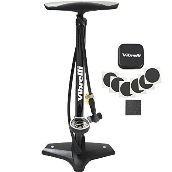 Picture of Vibrelli Bike Floor Pump with Gauge & Puncture Kit - 160 PSI - Presta Valve Bike Pump Switches to Schrader - High Pressure Bicycle Pump