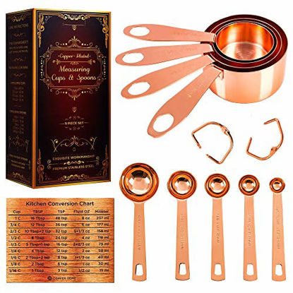 Picture of Copper-plated Measuring Cups & Spoons Set of 9 + Premium Design Gift Packaging + Cooking Conversions Chart Magnet. Extra Sturdy Stainless Steel w Copper Finish, Satin and Mirror Polish. By Copper Gemz