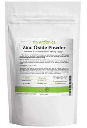 Picture of Zinc Oxide Powder by Sky Organics (16 oz) Uncoated Non-Nano Zinc Oxide Mineral Powder 100% Pure Zinc for DIY Sunscreen Lotions and Creams