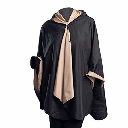 Picture of RainCaper Rain Poncho for Women - Ultrasoft Hooded Reversible Fashion Colors (Black & Camel) Rain Rolls Right Off!