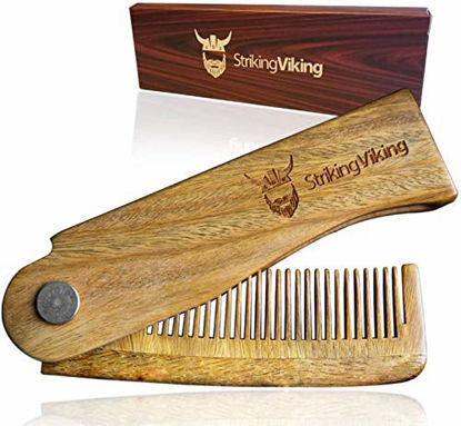 Picture of Striking Viking Folding Wooden Comb - Men's Hair, Beard & Mustache Comb - Pocket Sized Sandal Wood Comb for Everyday Grooming, Use Dry or with Balms and Oils