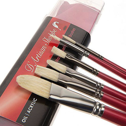 Picture of D'Artisan Shoppe Oil Acrylic Paint Brushes Set. 100% Natural Chungking Hog Hair Bristle in Portable Organizer Plastic Container. 6pc Filbert Flat and Round Paintbrush Gift Kit.
