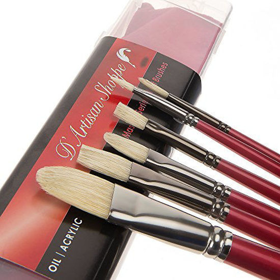 Picture of D'Artisan Shoppe Oil Acrylic Paint Brushes Set. 100% Natural Chungking Hog Hair Bristle in Portable Organizer Plastic Container. 6pc Filbert Flat and Round Paintbrush Gift Kit.